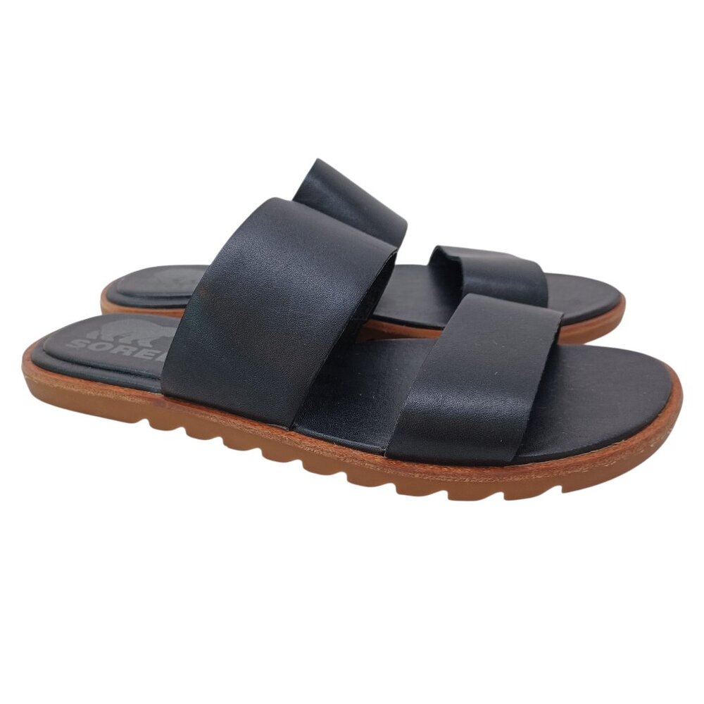 Sorel Sandals Black Leather Two Strap Slip On Slides Womens US 5